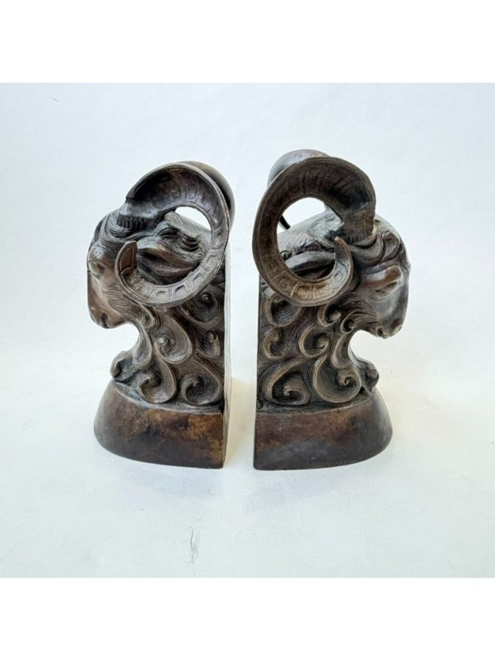 Vintage Ram Head Bookends Hand Carved Wood Sculpture Pair Rustic Decor